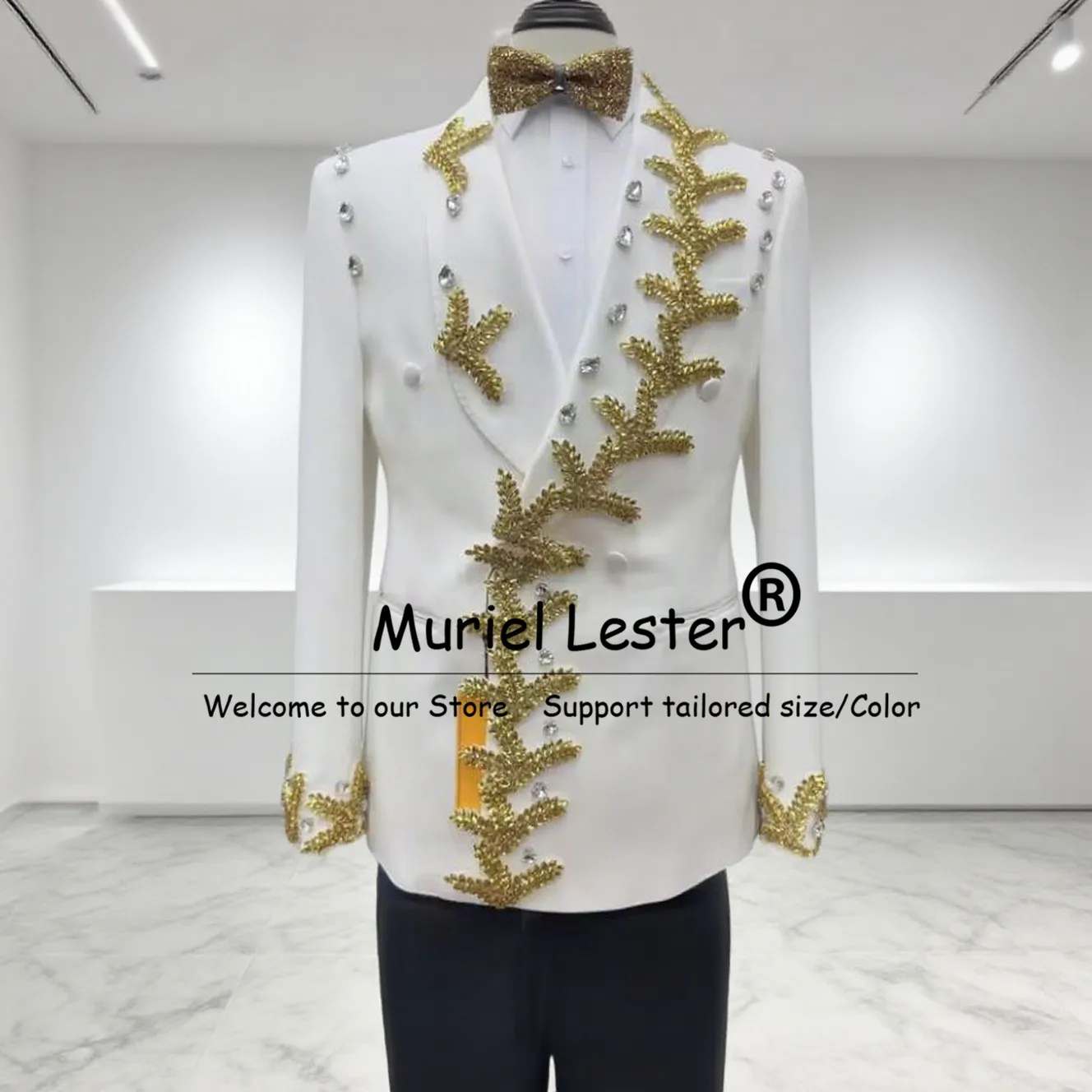 

Sparkling Beaded Stones Wedding Suits For Men 2 Pieces Sets Customized Double Breasted Groom Blazer Outfits Man Banquet Tuxedos