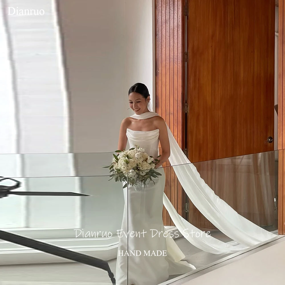 

Dianruo Ruched Strapless White Wedding Dress Ribbons Mermaid Floor Length Bridal Vestido De Noiva Evening Dresses Customized