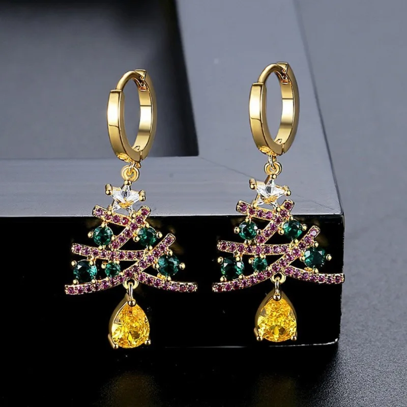 

Christmas tree micro inlaid zircon earrings for women, niche, light luxury, festive atmosphere, versatile ear pendants