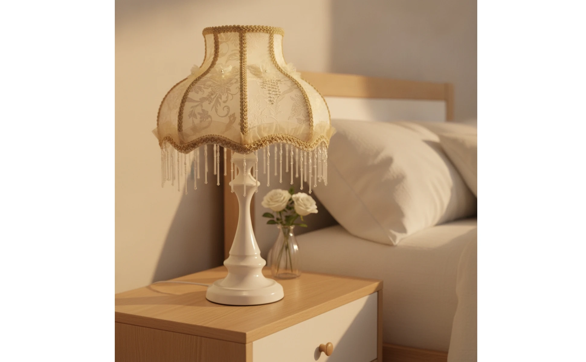 Fringe Table Lamp Ornate Table Lamp with Textile Shade Corded Elegant for Girls, Bedroom, Reading Corner