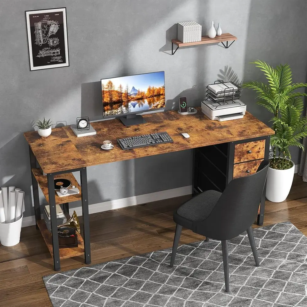 مكتب كمبيوتر بني ريفي حديث مع 4 أدراج قماشية وأرفف تخزين، 63 مكتب دراسة للمكتب المنزلي أو غرفة النوم، مناسب