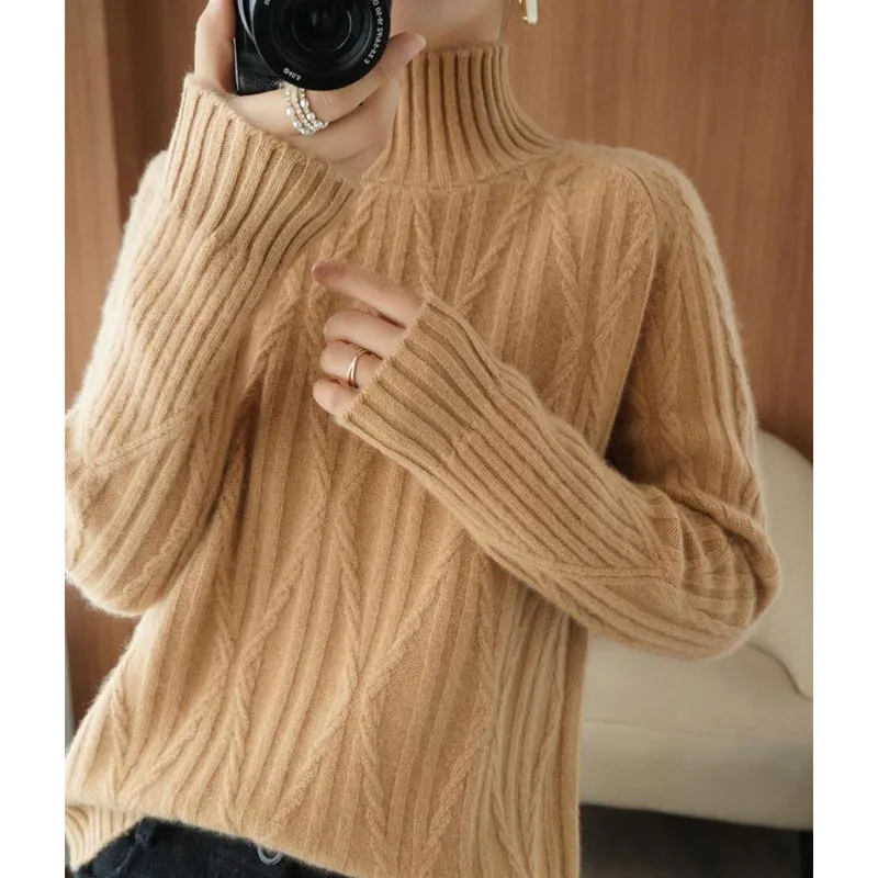 New Autumn/Winter Fashion Trend Thickened Half High Collar Twisted Flower Loose Versatile Western Style Slim Women\'s Sweater