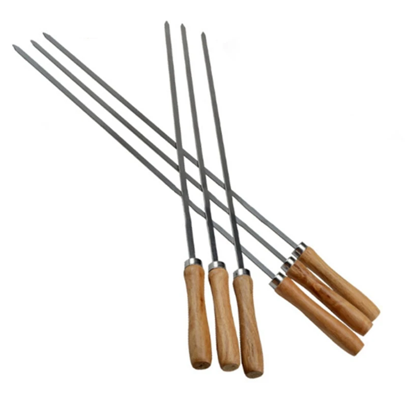 

Kebab BBQ Stainless Steel Skewers With Wooden Handles Flat Reusable Metal Skewer Sticks With Storage Pouch 6Pcs