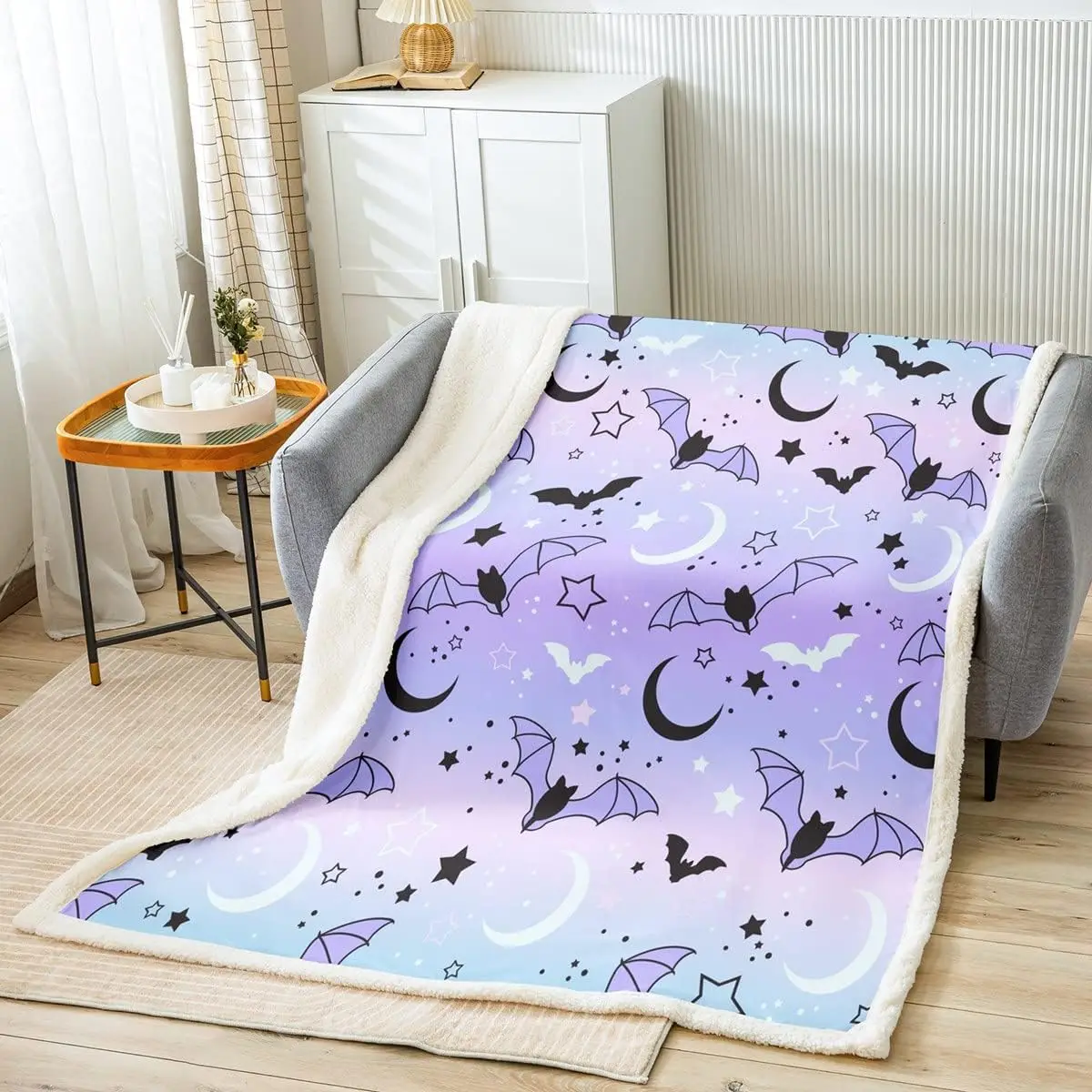 Cartoon Bats Animal Bed Throws,Watercolor Purple Happy Halloween Throw Blanket for Kids Boys Gift, Stars Moon Galaxy Sky