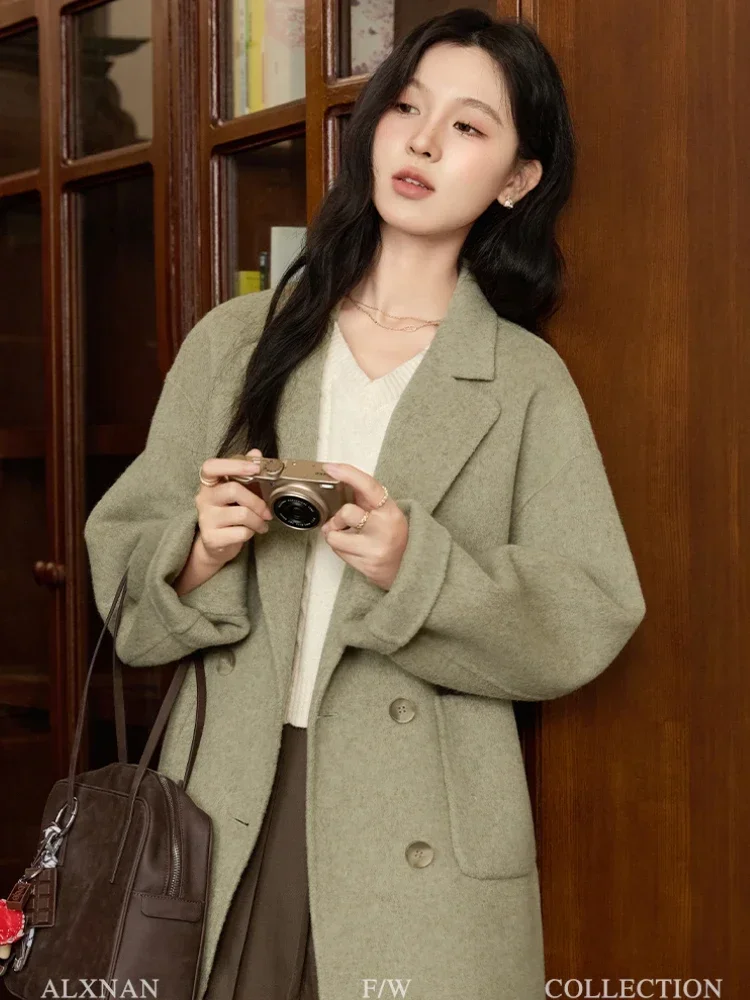 ALXNAN Women's Woolen Coat 2025 Trend Suit Lapel Collar Drop Sleeve Single Breasted Coats Autumn Winter Warm Outerwear L50951