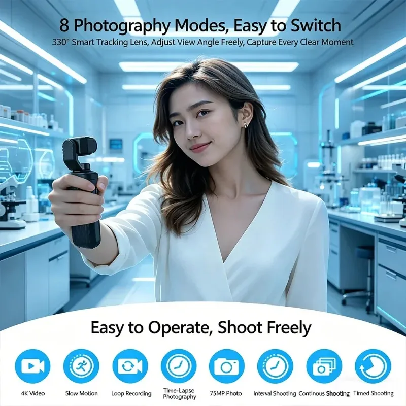 4K HD Gimbal Camera 75MP 330° Face Tracking WiFi Vlog Pocket Action Camera