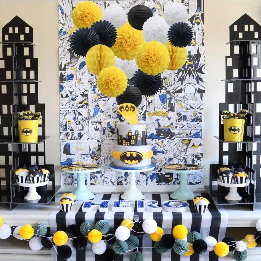 

Yellow, white, and black party decorations: 16 pieces of paper fluffy balls, honeycomb balls, lanterns, tissue fans, suitable fo