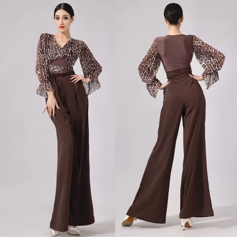 Latin Dance Costumes Leopard Print Long Sleeved Jumpsuit Brown Wide Leg Loose Pants Training Suit For Women Latin Dress DN16786