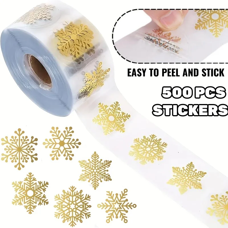 

500/1000pcs Golden Snowflake Stickers Shiny Transparent PVC Round Decor Sticker Roll for Christmas Gift Wrapping Festive Essenti