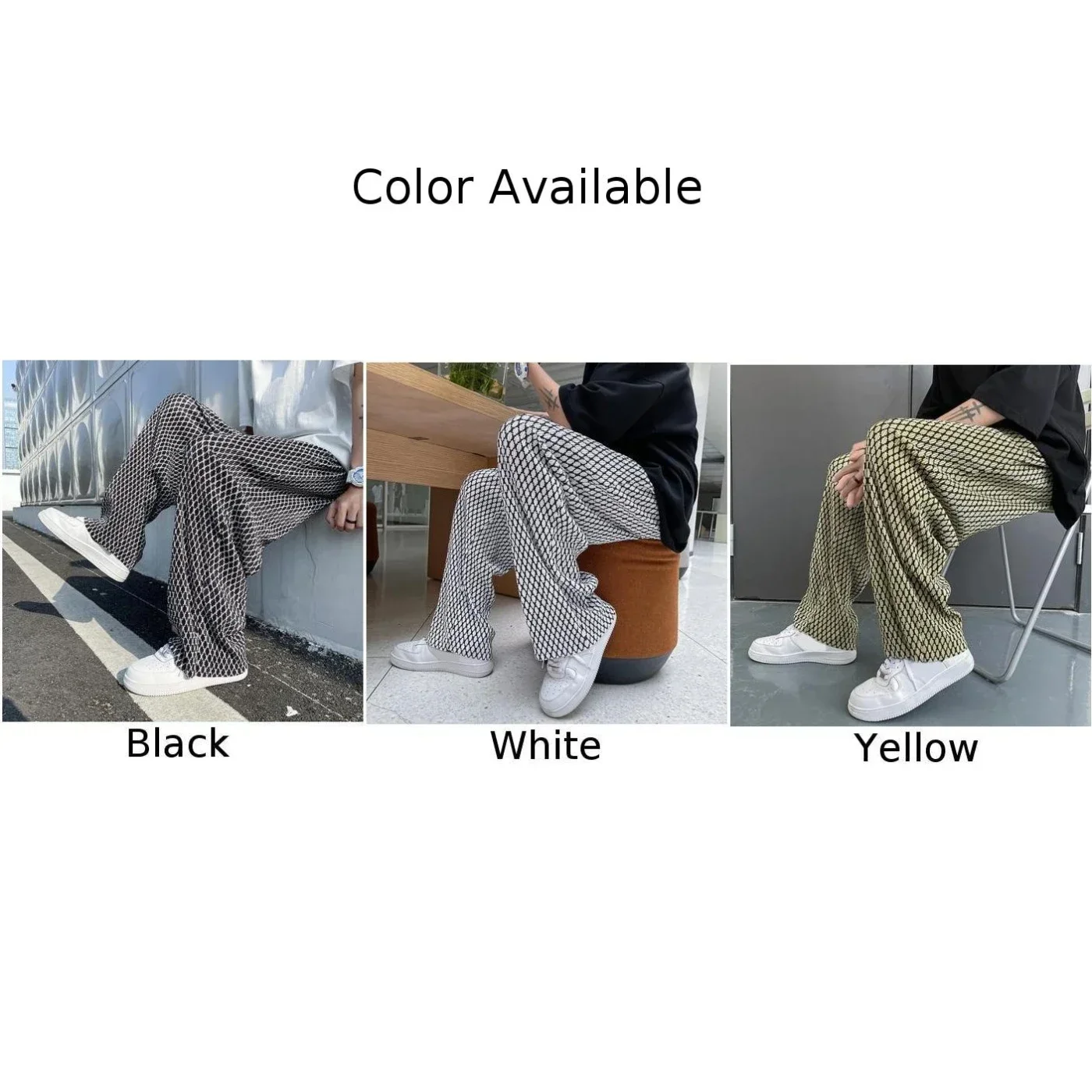 Mens Ice Silk Plaid Loose Wide Leg Pleated Pants Fashion Hip Hop Y2k Streetwear