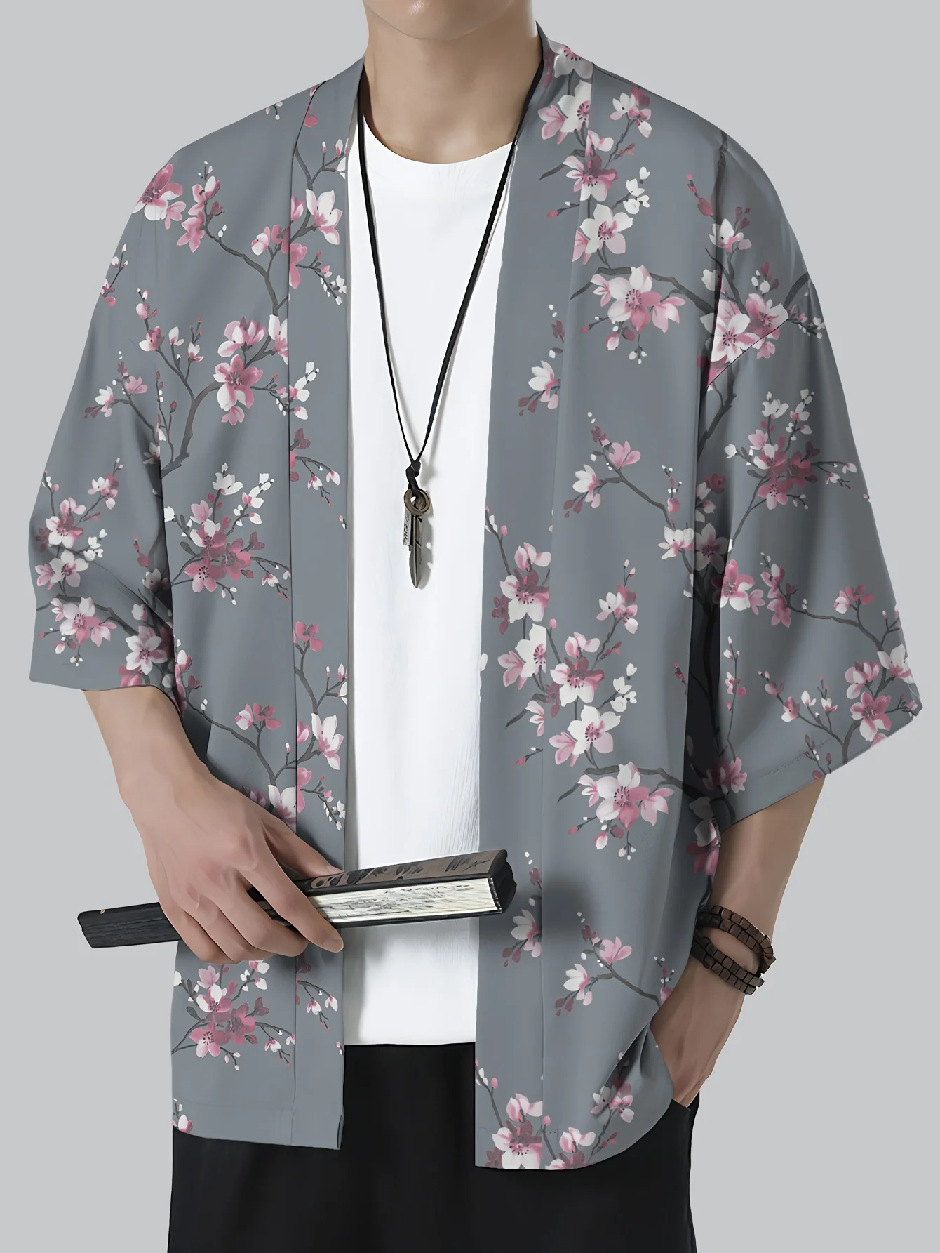 

2026 Summer New Men's Kimono with 3D Cherry Blossom Pattern Print - Casual Fashionable Street Style Comfortable Lightweight Soft