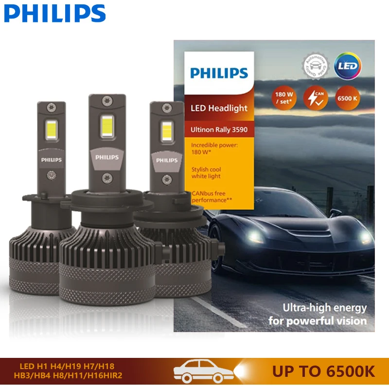Philips Ultinon Rally 3590 H1 H4 H7 Car LED Headlight H8 H11 H16 HB3 HB4 HIR2 180W 15000LM High Power 6500K Cool White Lights