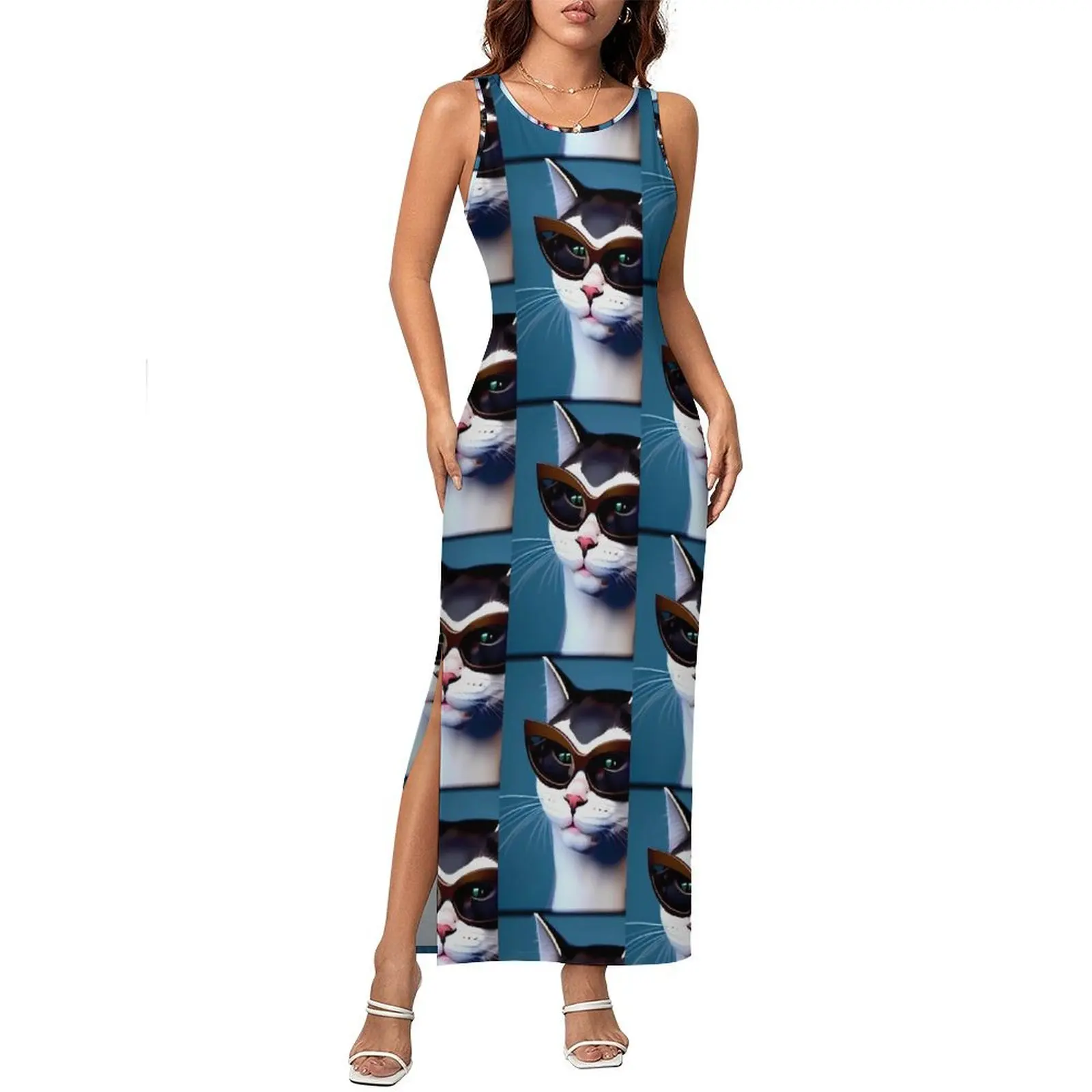 فستان نظارات غير تقليدي بدون أكمام وجه قطة مضحكة فساتين ماكسي على الموضة الكورية فستان ضيق للنوادي الليلية فساتين نسائية كبيرة الحجم