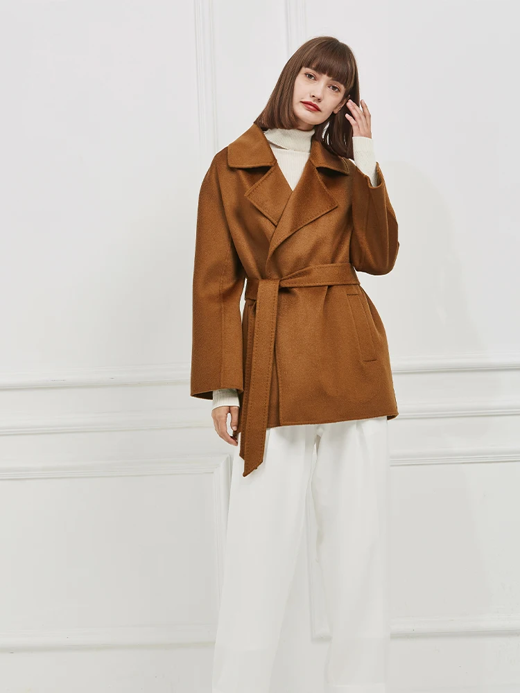 high-end water rippled short double-sided cashmere wool coat women\'s small autumn winter coat caramel color 100% cashmere