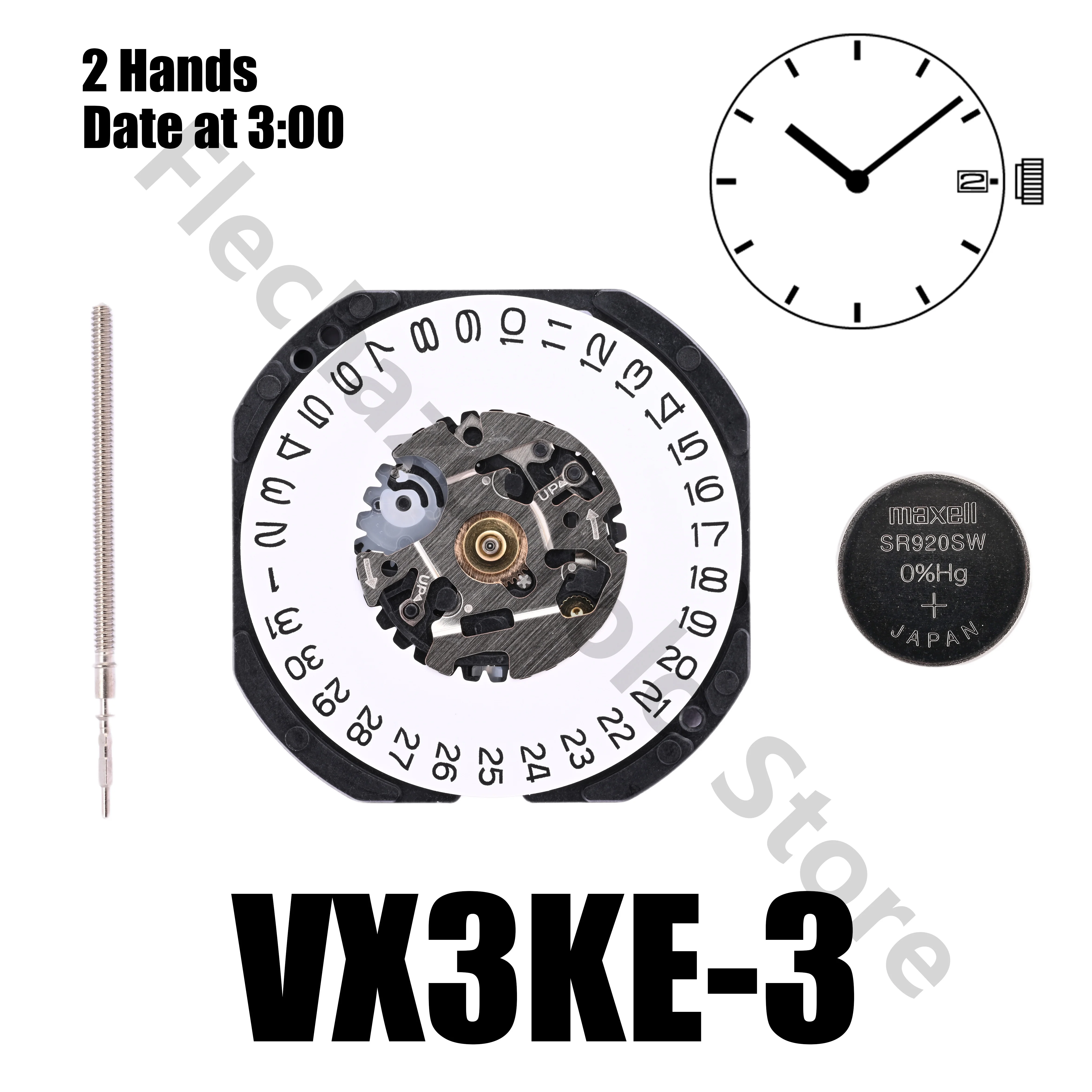 VX3K Movement Japan Genuine Epson VX3KE Movement VX Calendar Series VX3KE Size:10 1/2''' 3 Hands/Day/Date display at 3:00