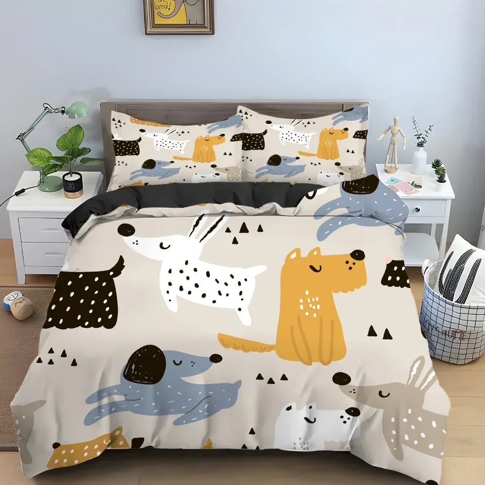 Cartoon Dog King Queen Duvet Cover Lovely Illustrated Pet Puppy bedding set  Animal Quilt Cover 2/3pcs Polyester Comforter Cover