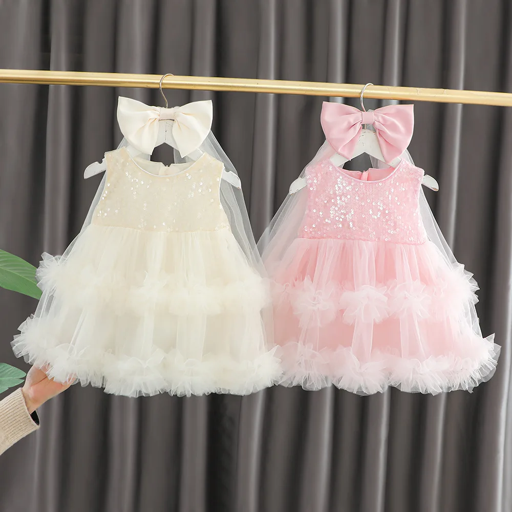 

Kids Girl's Dresses Bow Sequin Mesh Summer Elegant Children Birthday Clothing Girls Party Princess Tutu Sleeveless Dresses 2025