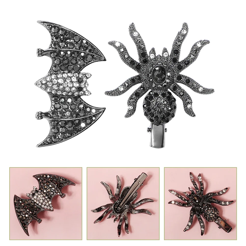 2 Pcs Womens Hair Accessories Rhinestone Bobby Pins Halloween Barrettes Spider Black Alloy Kawaii Banquet