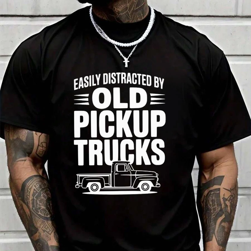 

Men's Motorcycl T-Shirt Made Of Featuring Print Easily Distracted By Old Pickup Trucks Tshirt Summer Casual Short Sleeve Top Tee