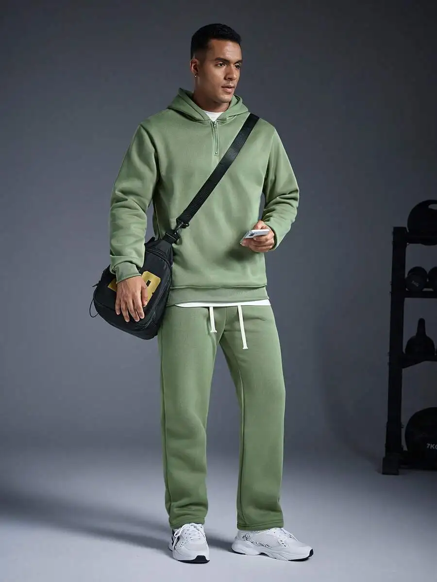 Olive Green Mens Zip-Up Hoodie And Matching Joggers Set For Fall Winter Casual Wear view 5