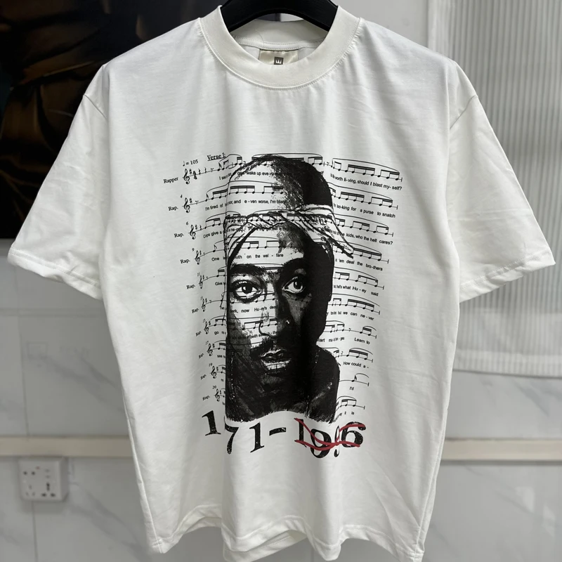 High Quality Portrait Song Notes Digital Print 2PAC Short Sleeve American Fashion Men's Women's Loose Tupac T-shirt