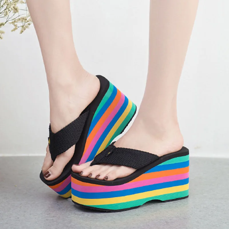 New Summer Women Slippers Rainbow Wedges Beach Flip Flops Ladies Outdoor 10CM High Heels Platform Slipper Fashaion Slides Shoes