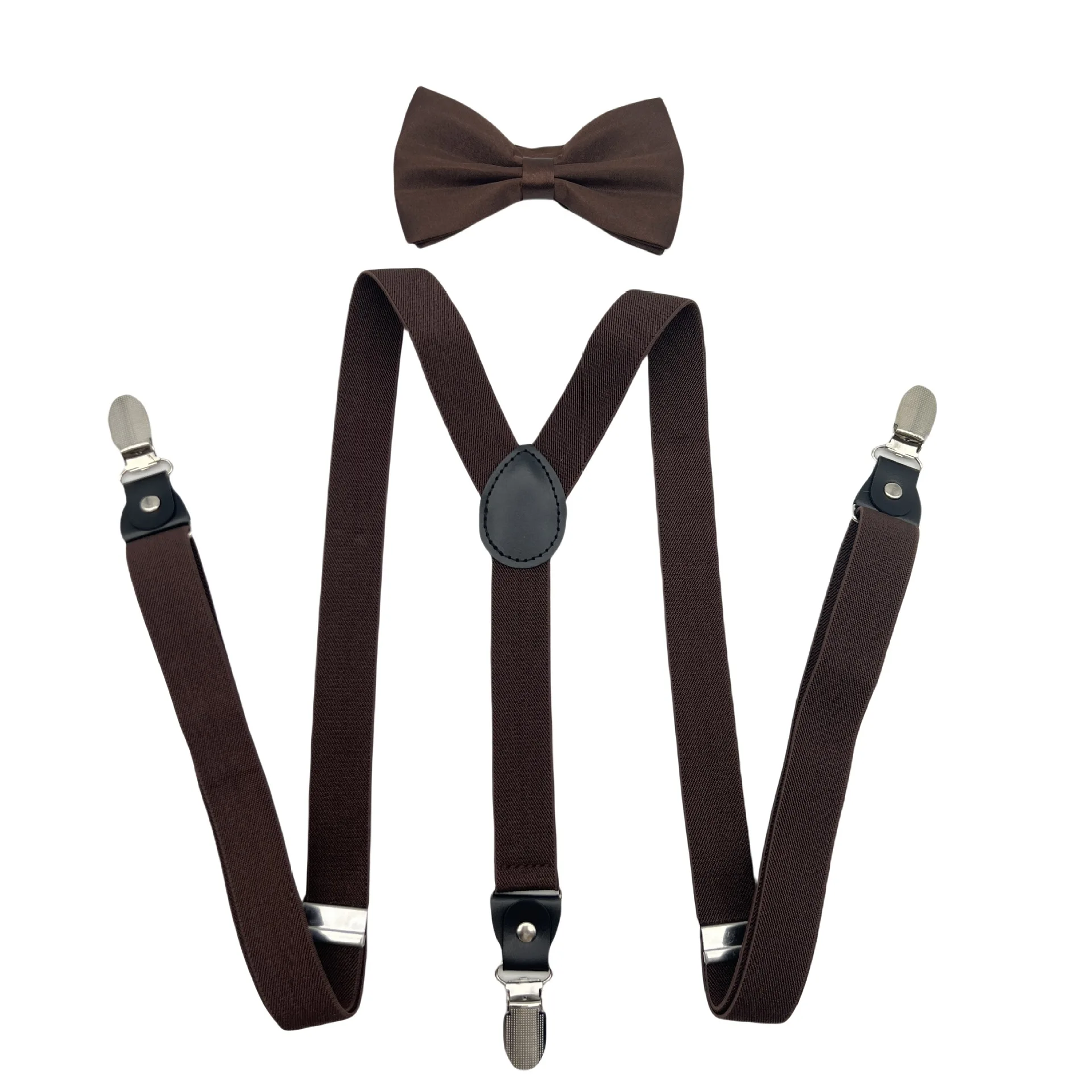 Unisex Adult Bow Tie & Suspenders Set Solid Colors Strong Clips Black PU Leather Ideal for School Performances & Weddings Braces