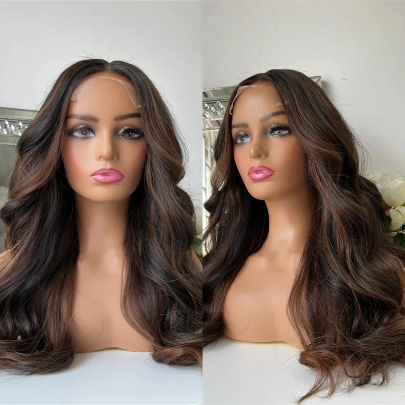 

Бесклеевой парик 13x4 Коричневый с омбре и медовыми полосками Синтетический парик фронта шнурка HD для черно-белых женщин Натуральная предварительно выщипанная линия волос