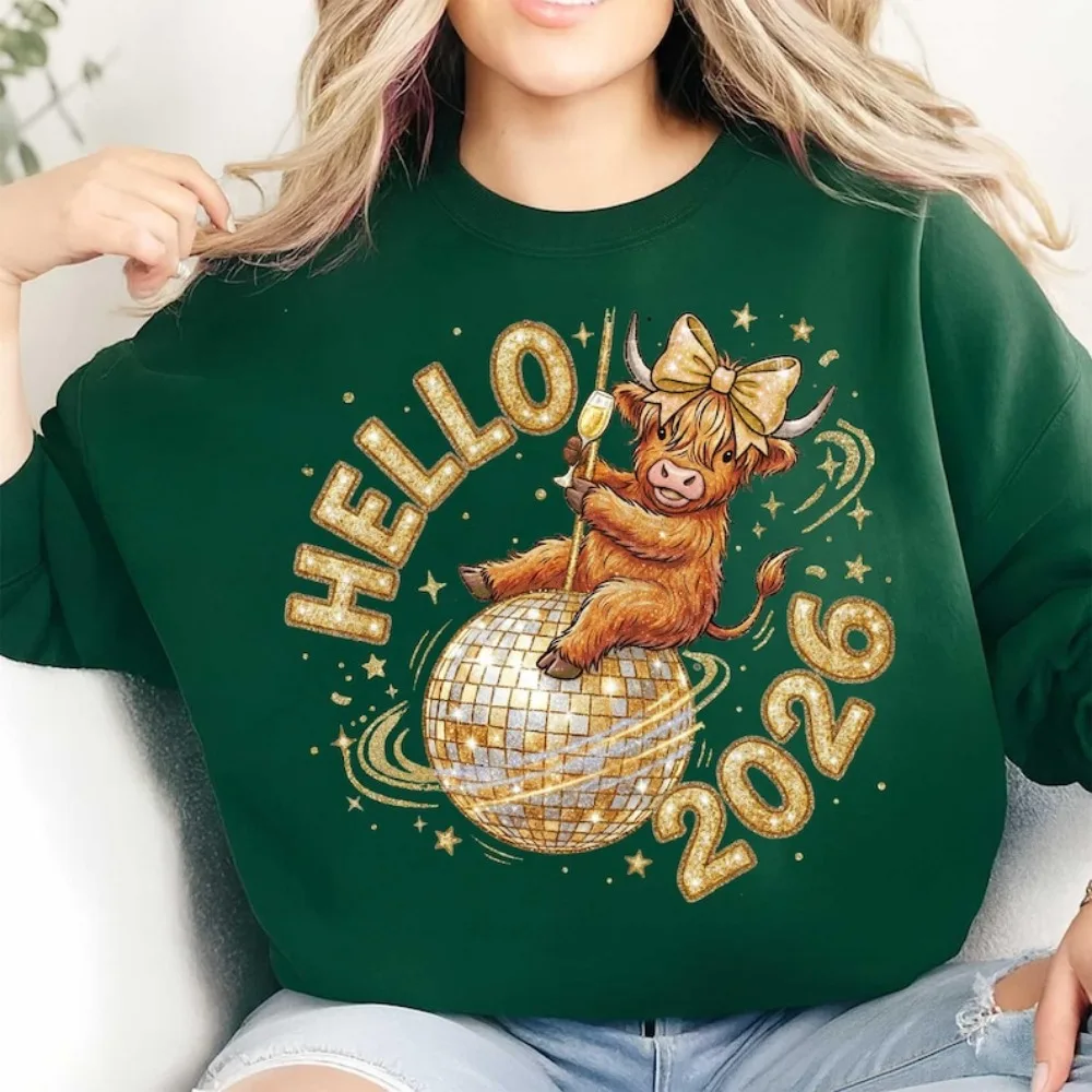 

2026 New Year Highland Cow Women Hoodie Disco Ball Print Highland Cow New Year Pullover Faux Glitter Hello 2026 Swetshirt