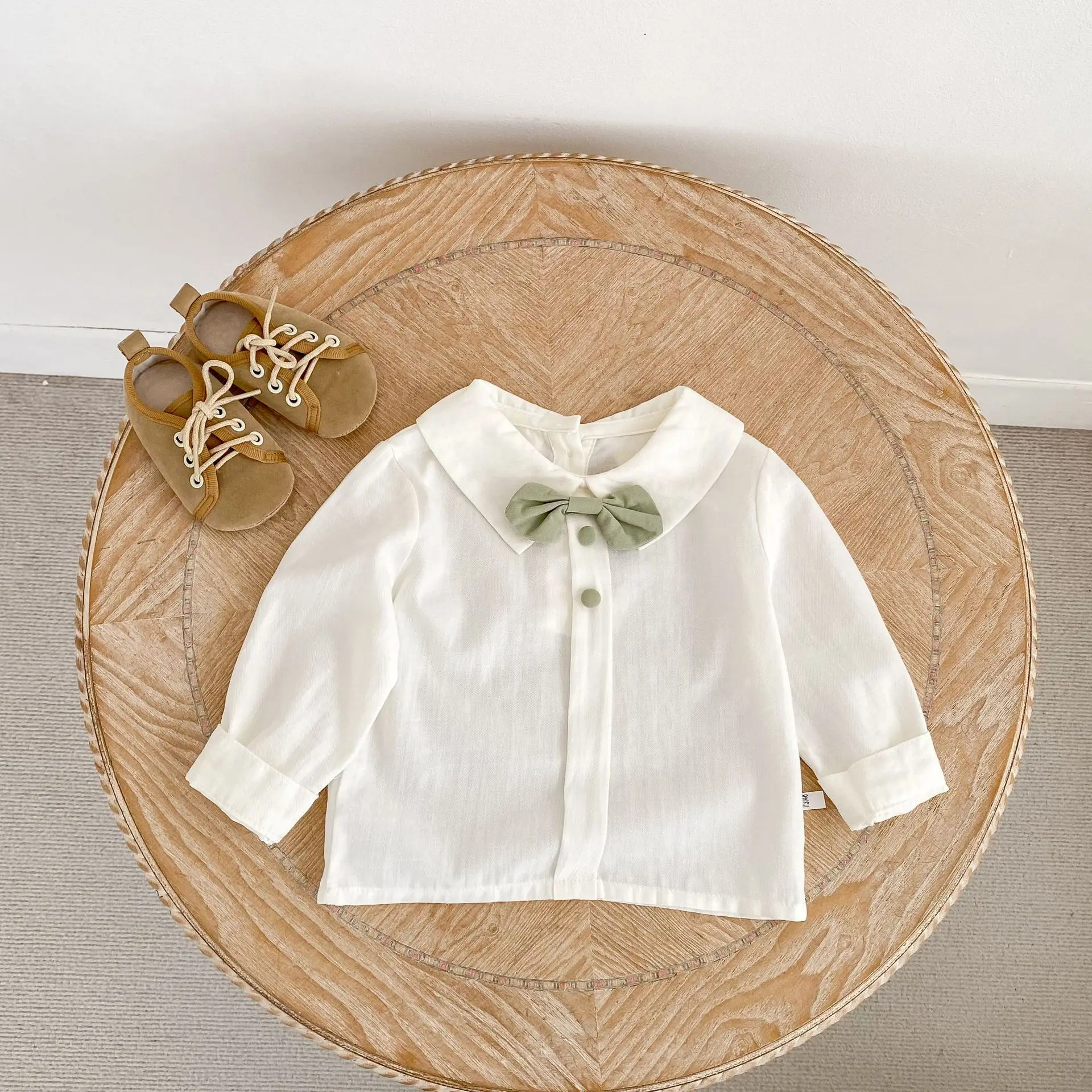 Kids 1 to 3 Years Fall Baby Girl Solid Shirt Bow Knot Cotton Long Sleeve Undershirt Versatile Turn Down Collar Top