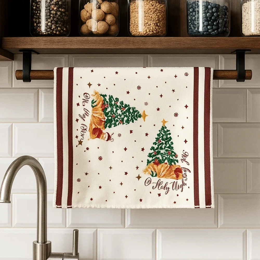 5Pcs Ultra Soft Christmas Dishcloth Towel Quick-drying Reusable Christmas Kitchen Dishcloth Microfiber Xmas Towel Set