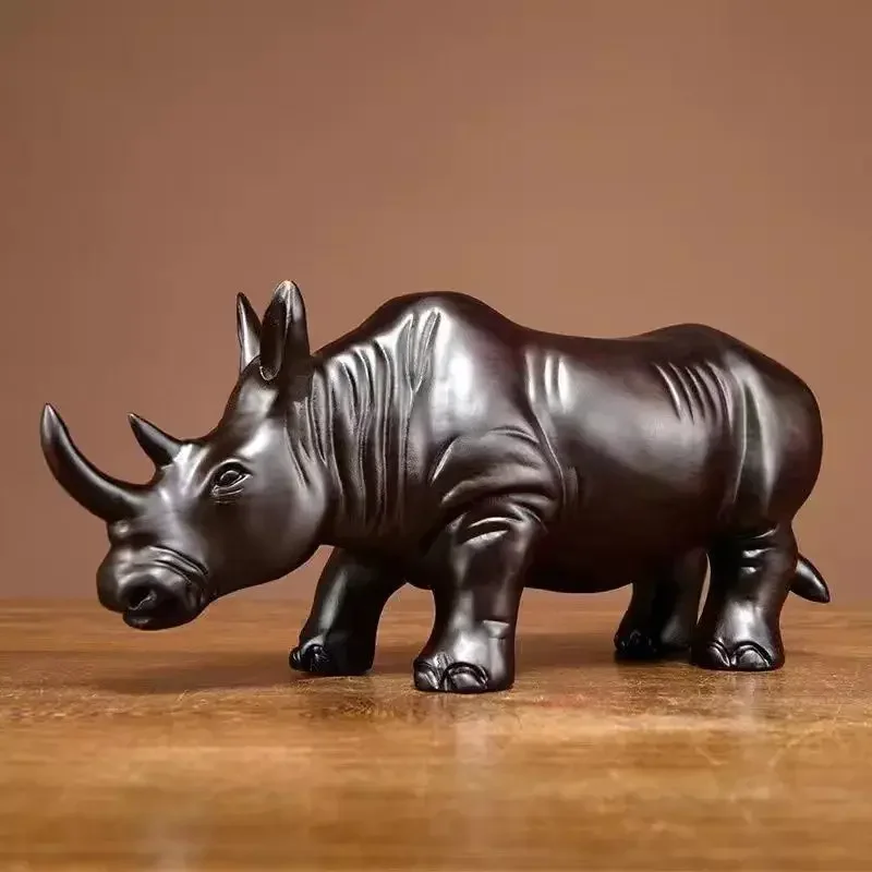 MOYU Ebony Wood Carved Rhinoceros Decoration Solid Wood Carved Animal Home Decoration Office Desktop Decoration Mahogany Crafts