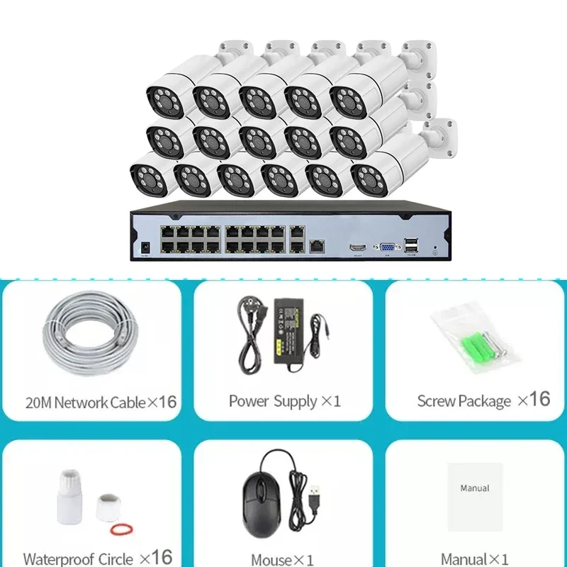 

16Ch 5MP Kit Waterproof Camera IP Poe CCTV Camera System Set FULL Color Ce White H.265 Indoor Security Camera System NVR