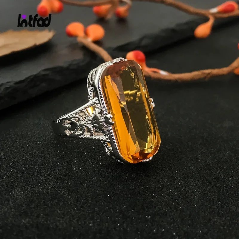 

Carved Hollowed-out Design 10*20mm Large Citrine Stone Ring for Men Women 925 Sterling Silver Rings Luxury Fine Jewelry