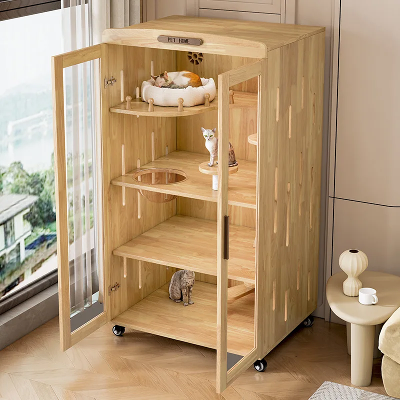 

Solid wood pet cat villa household indoor toilet cat house three-layer house cage cat litter box