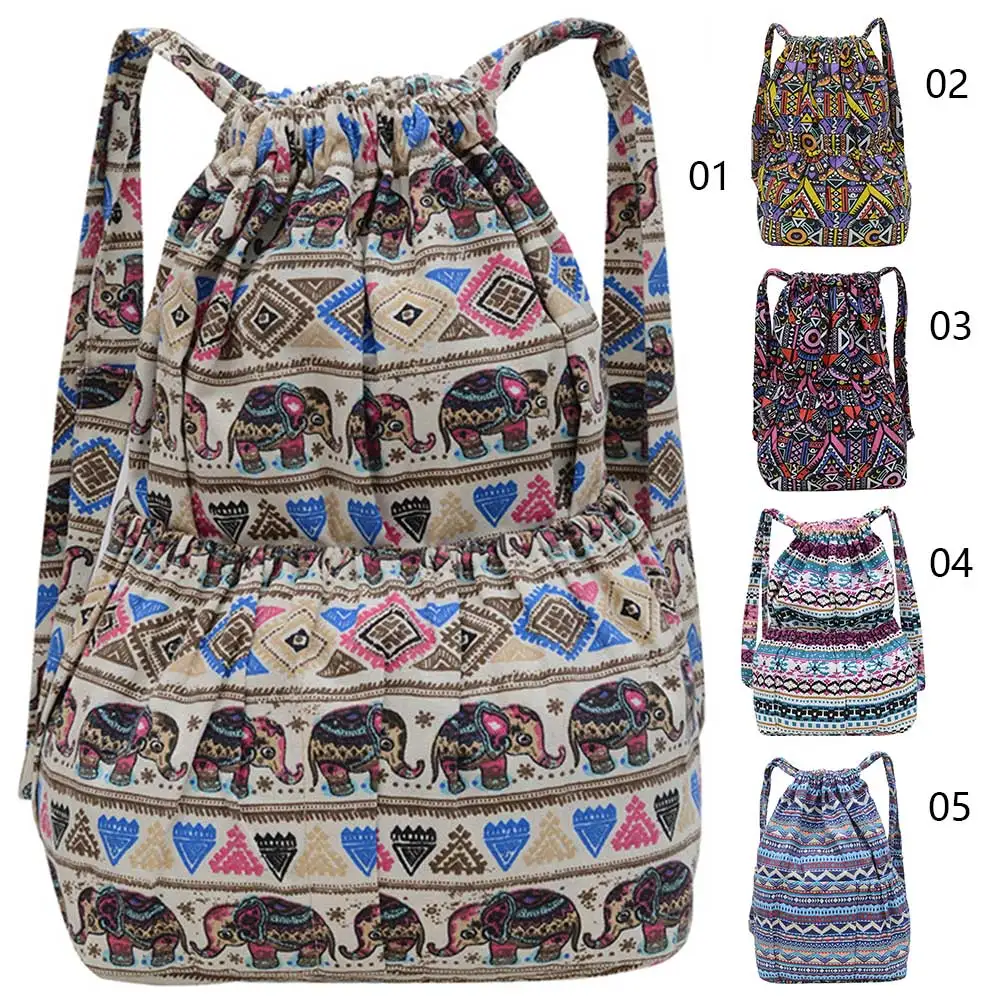 Mochila com cordão vintage para mulheres, lona estilo étnico, padrões geométricos, bolsa de ombro dupla, mochila diária ao ar livre, arte