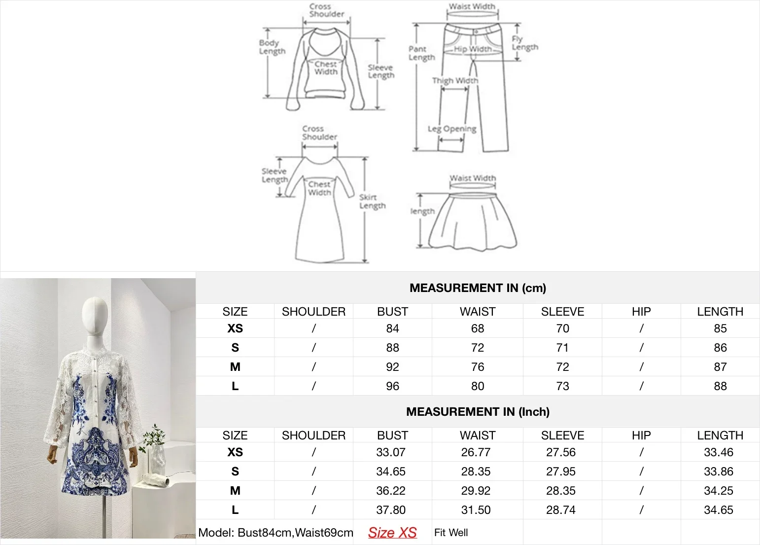 Mini vestido feminino com estampa floral branco e azul manga comprida, bordado em renda, fecho dos botões frontais, alta qualidade, recém-chegados, 2024