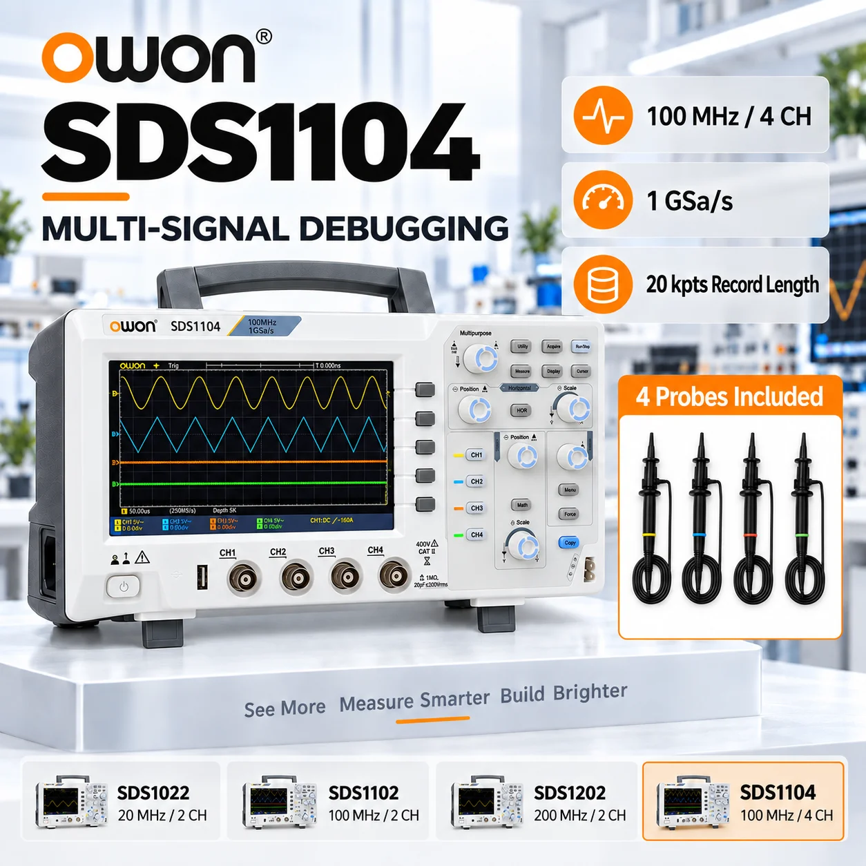OWON SDS1022 SDS1102 SDS1202 SDS1104 Digitale Oscilloscoop 20-200MHz 2CH/4CH Tot 1GSa/s 7 inch LCD FFT USB Bench Scope voor Reparatie