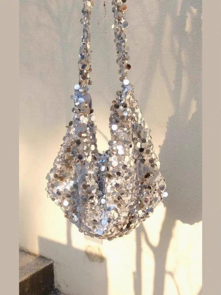 

Серебряная сумка с пайетками, большая вместительная сумка через плечо, модная женская сумка с мягкой ручкой, бренд Rose Mary Al