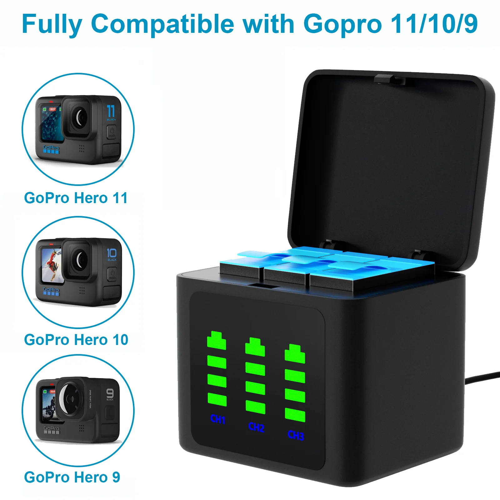 شاحن USB بمنفذ Type-C لـ Gopro ، صندوق تخزين لـ 12 ، 11 ، 10 ، 9 ، ملحقات كاميرا الحركة ، 3 فتحات ، 12 ، 11 ، 10 ، 9