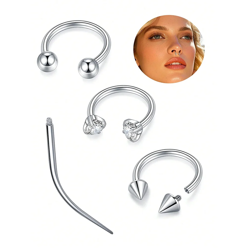 3pcs Septum Horseshoe Nose Rings 16G, Stainless Steel Nose Ring Hoops, Internally Threaded Daith Tragus Piercing Jewelry