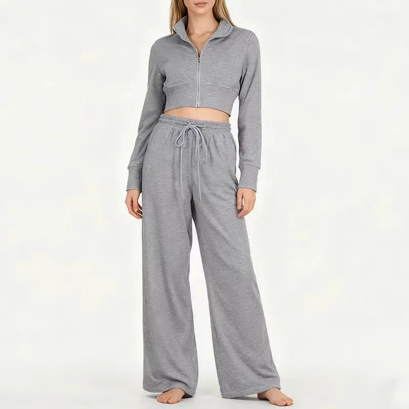 

Уличная одежда, крутой укороченный свитшот на молнии, комплект из двух предметов для женщин, спортивные топы с эластичной резинкой на талии, широкий брючный костюм