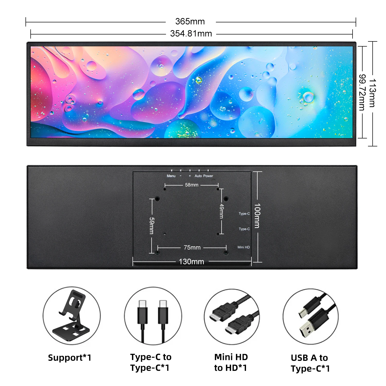 Imagem -06 - Monitor de Toque Externo Secundário de Barra Esticada Hdmi Usb-c Port 2k 2560x720 Ips Display Suporte de Alto-falante Embutido 145