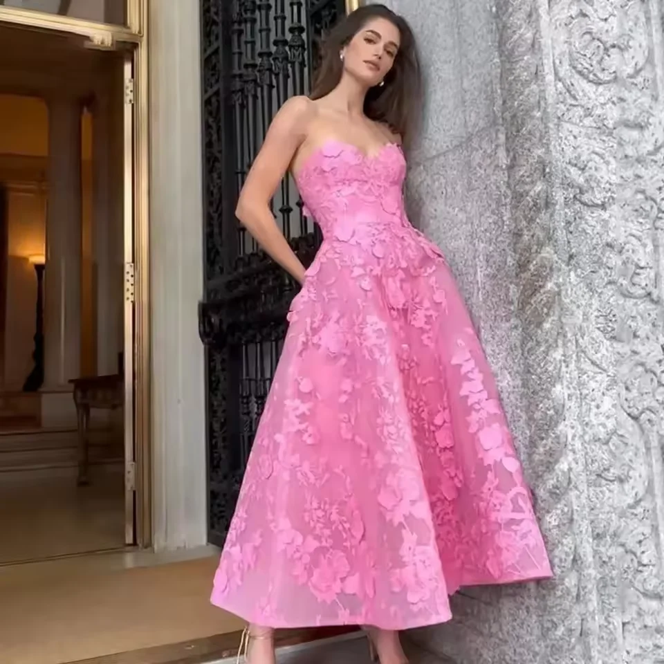 

Sweetheart A-line Ankle-Length Prom Dress for Women Lace Appliques Strapless Party Dress Customized graduation robes de soirée