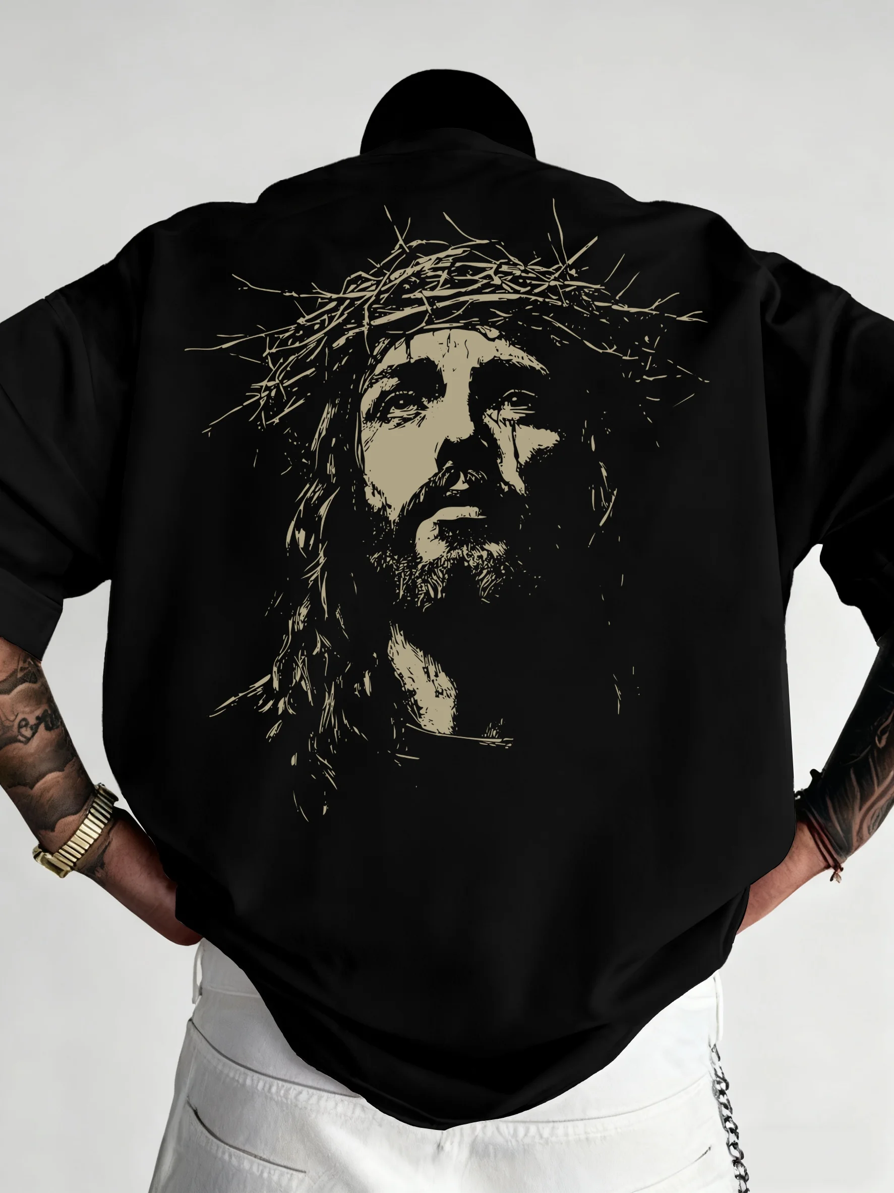 T-shirt à col rond durable et confortable pour les rassemblements quotidiens, imprimé avec une image de couronne d'épines + imprimé croix d'épines sur la poitrine, série rétro sur la foi religieuse, Liberté de choix, le meilleur cadeau