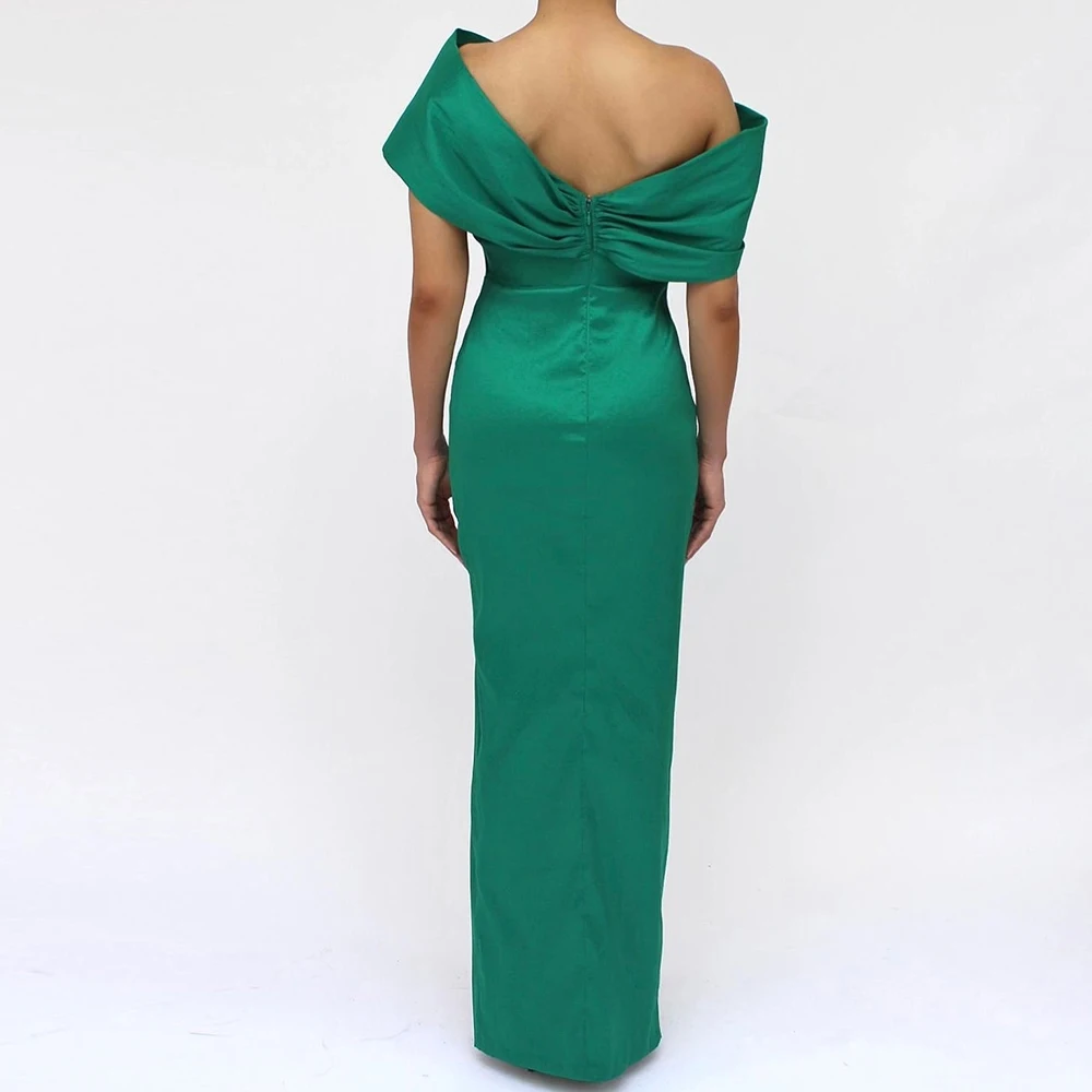 Customized Delicate Pleat Boat Neck Floor Length Side Slit Vestidos Para Mujer Straight Satin Off The Shoulder платье вечернее