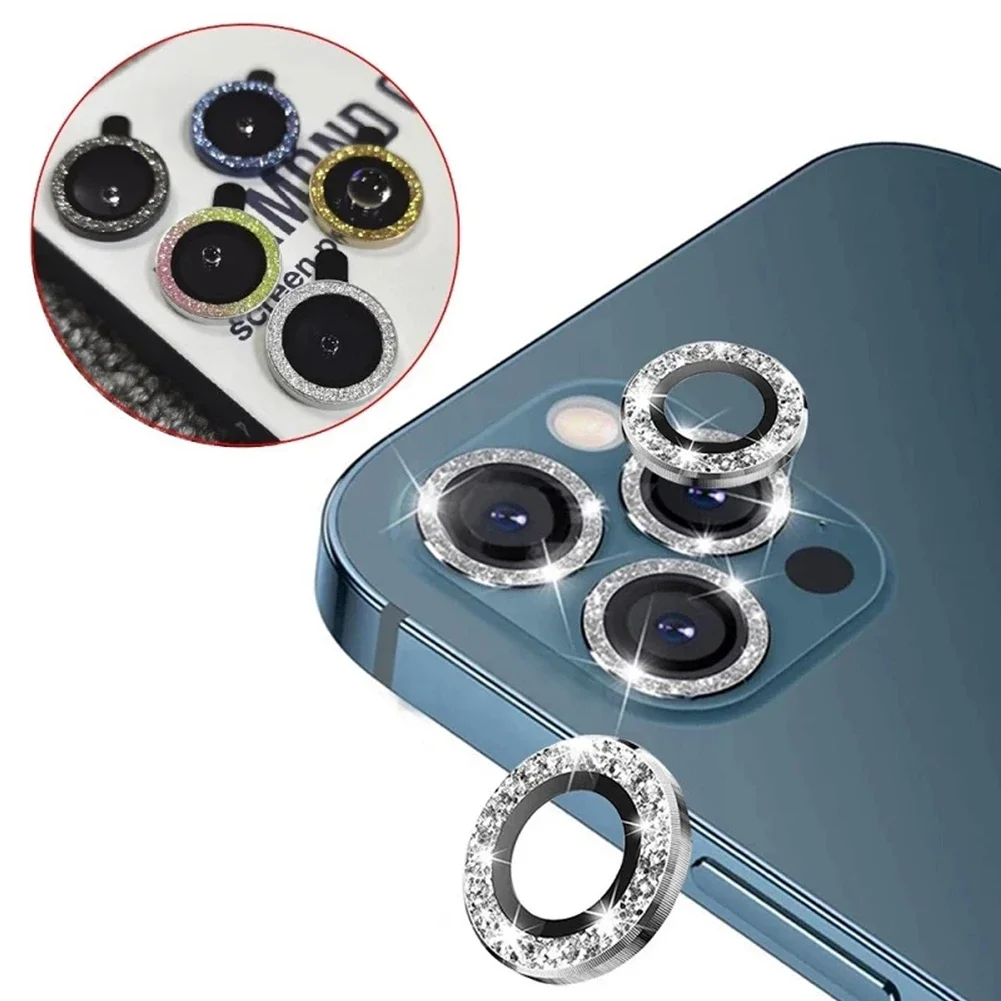 3 pçs bling diamante protetor de lente da câmera para iphone 11 12 13 pro max 12 13 mini anel de metal lente da câmera proteção de vidro temperado