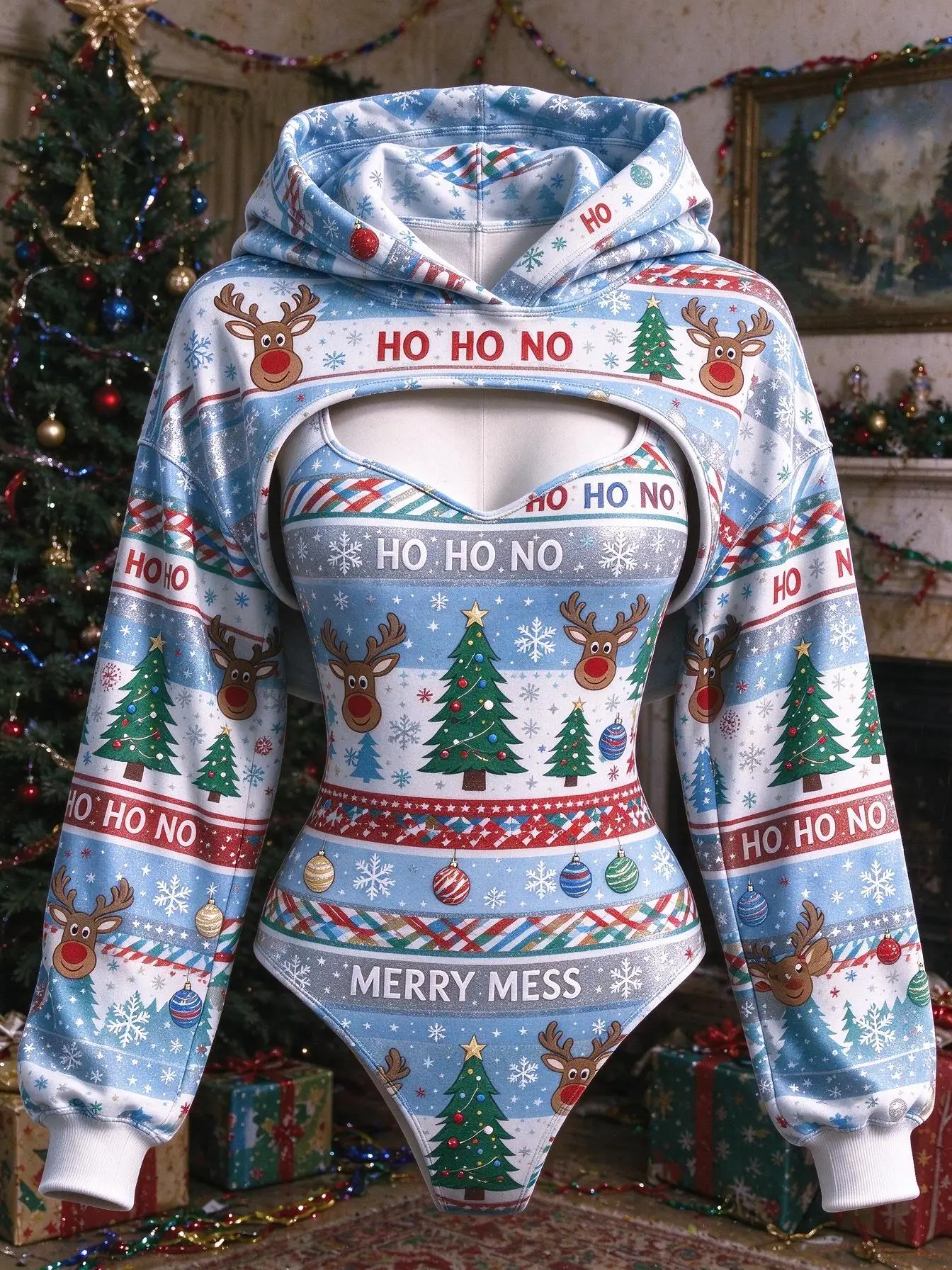 Women Christmas Reindeer Tree Snowflake Slogan Print 2 Piece Outfit Hooded Shrug Bodysuit Long Sleeve