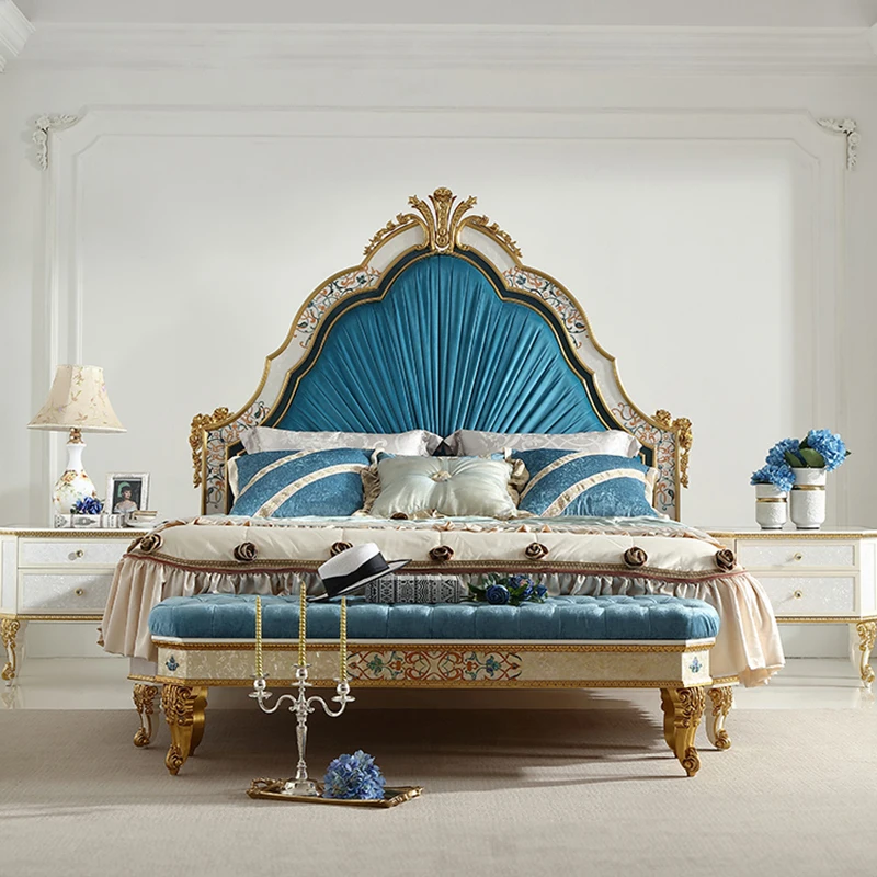 

!@King Size Classic Furniture Bedroom Set Mother of Pearl Luxury Solid Wooden Gold Foil Bed Antique Spanish Bed