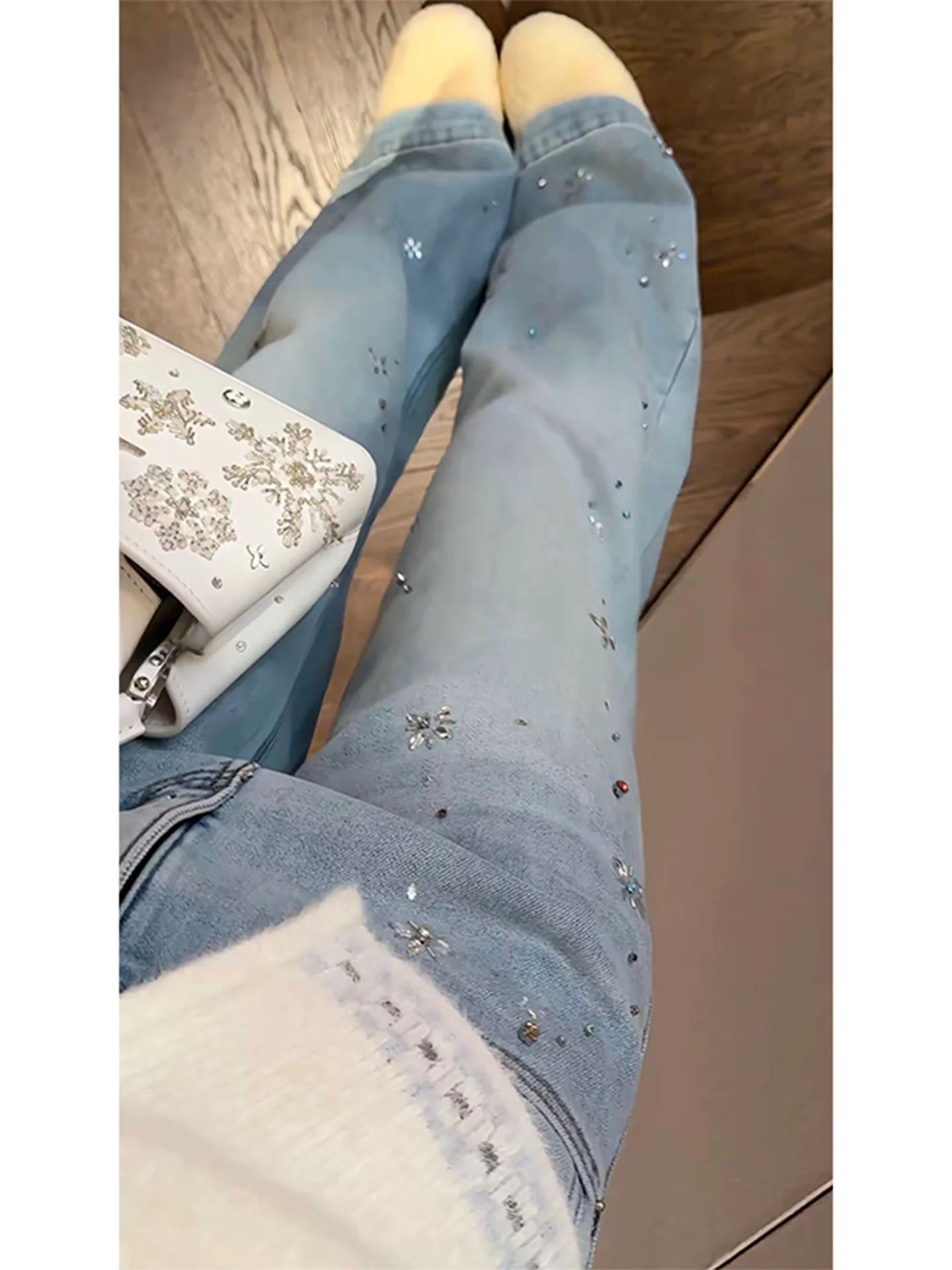 

Heavy Du Rhinestone Embellied Fce Lined Thi Straight Leg Jeans Women's Autumn Winter Warm Slimming High Waist Denim
